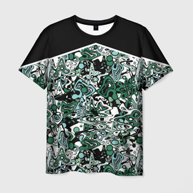 Мужская футболка 3D с принтом Черно-зеленые каракули в Белгороде, 100% полиэфир | прямой крой, круглый вырез горловины, длина до линии бедер | абстрактный | каракули | креативный | мазня | разводы | черный и зеленый