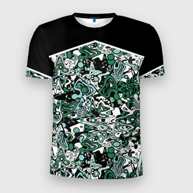 Мужская футболка 3D спортивная с принтом Черно-зеленые каракули в Новосибирске, 100% полиэстер с улучшенными характеристиками | приталенный силуэт, круглая горловина, широкие плечи, сужается к линии бедра | абстрактный | каракули | креативный | мазня | разводы | черный и зеленый