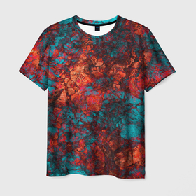 Мужская футболка 3D с принтом Текстура камня  , 100% полиэфир | прямой крой, круглый вырез горловины, длина до линии бедер | извержение | каменный узор | камень | красный | лава | модный | оранжевый | синий | современный | узор камня