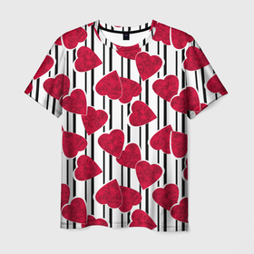 Мужская футболка 3D с принтом Полосатый узор сердце  в Курске, 100% полиэфир | прямой крой, круглый вырез горловины, длина до линии бедер | детский | красный | красный и черный | любовь | мраморное сердце | полосатый узор | полосы | сердце | черные полосы