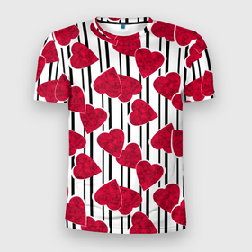 Мужская футболка 3D спортивная с принтом Полосатый узор сердце  в Новосибирске, 100% полиэстер с улучшенными характеристиками | приталенный силуэт, круглая горловина, широкие плечи, сужается к линии бедра | детский | красный | красный и черный | любовь | мраморное сердце | полосатый узор | полосы | сердце | черные полосы
