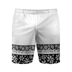 Мужские шорты спортивные с принтом Черно-белый цветочный принт  в Петрозаводске,  |  | белый | детский | для девушек | кайма | летний | ромашки | цветочный | цветы | черно белый | черный
