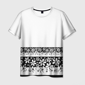 Мужская футболка 3D с принтом Черно-белый цветочный принт  в Кировске, 100% полиэфир | прямой крой, круглый вырез горловины, длина до линии бедер | белый | детский | для девушек | кайма | летний | ромашки | цветочный | цветы | черно белый | черный