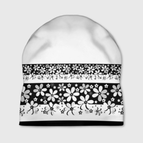 Шапка 3D с принтом Черно-белый цветочный принт  , 100% полиэстер | универсальный размер, печать по всей поверхности изделия | белый | детский | для девушек | кайма | летний | ромашки | цветочный | цветы | черно белый | черный