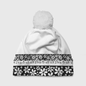 Шапка 3D c помпоном с принтом Черно-белый цветочный принт  в Екатеринбурге, 100% полиэстер | универсальный размер, печать по всей поверхности изделия | белый | детский | для девушек | кайма | летний | ромашки | цветочный | цветы | черно белый | черный