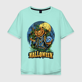 Мужская футболка хлопок Oversize с принтом Halloween в Екатеринбурге, 100% хлопок | свободный крой, круглый ворот, “спинка” длиннее передней части | bat | halloween | holiday | knife | moon | night | pumpkin | skull | smile | летучая мышь | нож | ночь | праздник | тыква | улыбка | хэллоуин | череп