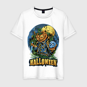 Мужская футболка хлопок с принтом Halloween в Новосибирске, 100% хлопок | прямой крой, круглый вырез горловины, длина до линии бедер, слегка спущенное плечо. | bat | halloween | holiday | knife | moon | night | pumpkin | skull | smile | летучая мышь | нож | ночь | праздник | тыква | улыбка | хэллоуин | череп