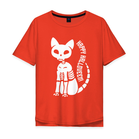 Мужская футболка хлопок Oversize с принтом Happy Halloween в Екатеринбурге, 100% хлопок | свободный крой, круглый ворот, “спинка” длиннее передней части | bones | cat | halloween | holiday | skull | tail | кости | кот | котёнок | кошка | праздник | хвост | хэллоуин | череп