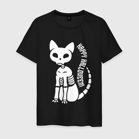 Мужская футболка хлопок с принтом Happy Halloween в Екатеринбурге, 100% хлопок | прямой крой, круглый вырез горловины, длина до линии бедер, слегка спущенное плечо. | bones | cat | halloween | holiday | skull | tail | кости | кот | котёнок | кошка | праздник | хвост | хэллоуин | череп