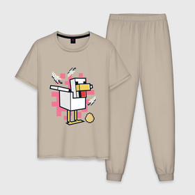 Мужская пижама хлопок с принтом Курица (Chicken) Майнкрафт в Санкт-Петербурге, 100% хлопок | брюки и футболка прямого кроя, без карманов, на брюках мягкая резинка на поясе и по низу штанин
 | Тематика изображения на принте: chicken | maincraft | mob | pixel | unit | из майнкрафта | курица | маинкрафт | майнкрафт | моб | персонаж | пиксели | ципленок | чикен | чикин