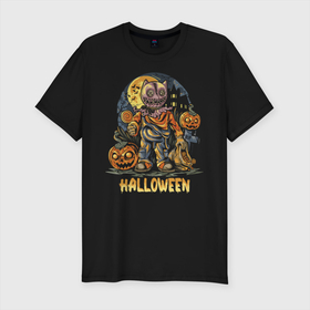 Мужская футболка хлопок Slim с принтом Halloween в Белгороде, 92% хлопок, 8% лайкра | приталенный силуэт, круглый вырез ворота, длина до линии бедра, короткий рукав | halloween | holiday | jaw | moon | night | pumpkin | smile | луна | ночь | праздник | тыква | улыбка | хэллоуин