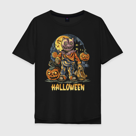 Мужская футболка хлопок Oversize с принтом Halloween в Санкт-Петербурге, 100% хлопок | свободный крой, круглый ворот, “спинка” длиннее передней части | halloween | holiday | jaw | moon | night | pumpkin | smile | луна | ночь | праздник | тыква | улыбка | хэллоуин