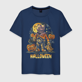 Мужская футболка хлопок с принтом Halloween в Петрозаводске, 100% хлопок | прямой крой, круглый вырез горловины, длина до линии бедер, слегка спущенное плечо. | halloween | holiday | jaw | moon | night | pumpkin | smile | луна | ночь | праздник | тыква | улыбка | хэллоуин