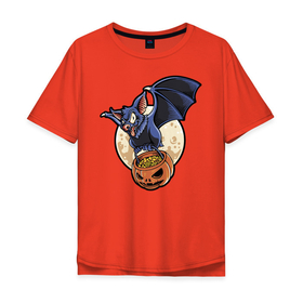 Мужская футболка хлопок Oversize с принтом Halloween в Белгороде, 100% хлопок | свободный крой, круглый ворот, “спинка” длиннее передней части | bat | eyes | flight | halloween | holiday | jaw | moon | pumpkin | smile | wings | глаза | крылья | летучая мышь | луна | пасть | полёт | праздник | тыква | улыбка | хэллоуин
