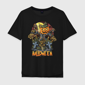 Мужская футболка хлопок Oversize с принтом Halloween в Белгороде, 100% хлопок | свободный крой, круглый ворот, “спинка” длиннее передней части | halloween | holiday | jaw | moon | night | pumpkin | smile | луна | ночь | праздник | тыква | улыбка | хэллоуин