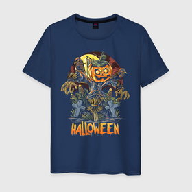 Мужская футболка хлопок с принтом Halloween в Новосибирске, 100% хлопок | прямой крой, круглый вырез горловины, длина до линии бедер, слегка спущенное плечо. | halloween | holiday | jaw | moon | night | pumpkin | smile | луна | ночь | праздник | тыква | улыбка | хэллоуин