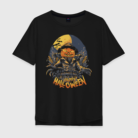 Мужская футболка хлопок Oversize с принтом Happy Halloween в Тюмени, 100% хлопок | свободный крой, круглый ворот, “спинка” длиннее передней части | halloween | holiday | jaw | moon | night | pumpkin | smile | луна | ночь | праздник | тыква | улыбка | хэллоуин