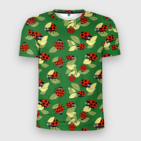 Мужская футболка 3D спортивная с принтом Божьи коровки на зеленом фоне в Курске, 100% полиэстер с улучшенными характеристиками | приталенный силуэт, круглая горловина, широкие плечи, сужается к линии бедра | autumn | beetles | childrens | green | hide and seek | insects | ladybugs | leaves | play | print | red | summer | watch | yellow | божьи коровки | детский | желтые | жуки | зеленые | играют | красные | лето | листья | насекомые | осень | принт | прятки |