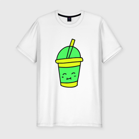 Мужская футболка хлопок Slim с принтом Кофейно молочный Коктейль в Белгороде, 92% хлопок, 8% лайкра | приталенный силуэт, круглый вырез ворота, длина до линии бедра, короткий рукав | коктейль | минимализм. | молодежный | настроение | позитив | рисунок | смайлик