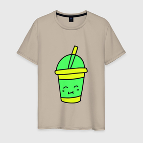 Мужская футболка хлопок с принтом Кофейно молочный Коктейль , 100% хлопок | прямой крой, круглый вырез горловины, длина до линии бедер, слегка спущенное плечо. | Тематика изображения на принте: коктейль | минимализм. | молодежный | настроение | позитив | рисунок | смайлик