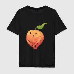 Мужская футболка хлопок Oversize с принтом Милая персик в Новосибирске, 100% хлопок | свободный крой, круглый ворот, “спинка” длиннее передней части | Тематика изображения на принте: арт | мило | милота | персик | рисунок | свежие фрукты | свежий персик | свежий продукт | свежий фрукт | фрукт | фрукты
