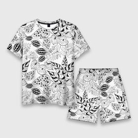 Мужской костюм с шортами 3D с принтом Черно белый узор Тропики в Курске,  |  | абстрактный | листья | модный | популярный | рисунок | скетч | тропический узор | цветы | черный и белый | экзотические растения