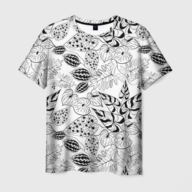 Мужская футболка 3D с принтом Черно-белый узор Тропики в Новосибирске, 100% полиэфир | прямой крой, круглый вырез горловины, длина до линии бедер | абстрактный | листья | модный | популярный | рисунок | скетч | тропический узор | цветы | черный и белый | экзотические растения