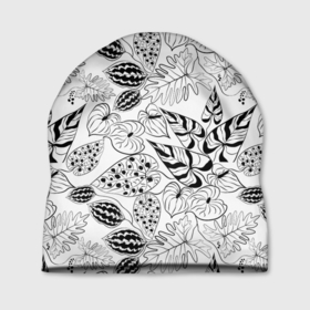 Шапка 3D с принтом Черно-белый узор Тропики в Тюмени, 100% полиэстер | универсальный размер, печать по всей поверхности изделия | абстрактный | листья | модный | популярный | рисунок | скетч | тропический узор | цветы | черный и белый | экзотические растения