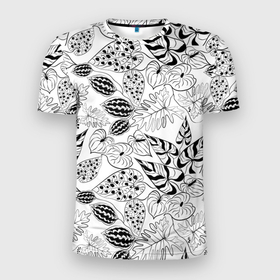 Мужская футболка 3D спортивная с принтом Черно-белый узор Тропики в Белгороде, 100% полиэстер с улучшенными характеристиками | приталенный силуэт, круглая горловина, широкие плечи, сужается к линии бедра | абстрактный | листья | модный | популярный | рисунок | скетч | тропический узор | цветы | черный и белый | экзотические растения