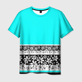 Мужская футболка 3D с принтом Цветочный бирюзовый  узор  в Петрозаводске, 100% полиэфир | прямой крой, круглый вырез горловины, длина до линии бедер | абстрактный | бирюзовый | девушкам | детский | кайма | летний | неоновый | ромашки | цветы | черный и белый