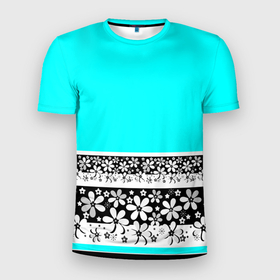 Мужская футболка 3D спортивная с принтом Цветочный бирюзовый  узор  в Белгороде, 100% полиэстер с улучшенными характеристиками | приталенный силуэт, круглая горловина, широкие плечи, сужается к линии бедра | абстрактный | бирюзовый | девушкам | детский | кайма | летний | неоновый | ромашки | цветы | черный и белый