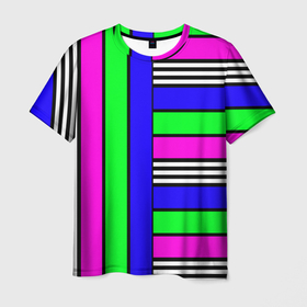 Мужская футболка 3D с принтом Полосатый яркий летний узор  в Курске, 100% полиэфир | прямой крой, круглый вырез горловины, длина до линии бедер | ассиметричный | детский | зеленый | малиновый | модный | молодежный | синий | современный | универсальный | яркий узор