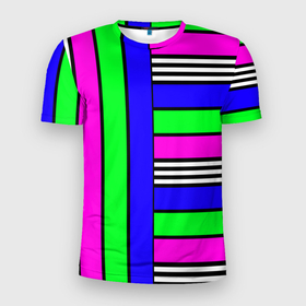Мужская футболка 3D спортивная с принтом Полосатый яркий летний узор  в Тюмени, 100% полиэстер с улучшенными характеристиками | приталенный силуэт, круглая горловина, широкие плечи, сужается к линии бедра | ассиметричный | детский | зеленый | малиновый | модный | молодежный | синий | современный | универсальный | яркий узор