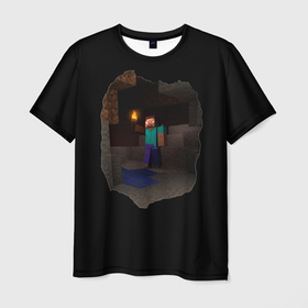 Мужская футболка 3D с принтом Minecraft: в Поисках Счастья в Санкт-Петербурге, 100% полиэфир | прямой крой, круглый вырез горловины, длина до линии бедер | adventure | cave | in search of happiness | minecraft | steve | torch | в поисках счастья | пещера | приключения | стив