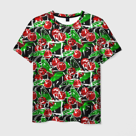 Мужская футболка 3D с принтом Абстрактный узор спелая вишня в Тюмени, 100% полиэфир | прямой крой, круглый вырез горловины, длина до линии бедер | вишня | детский | зеленый | красная вишня | красный | летний узор | лето | ягодный принт | ягоды