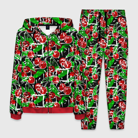 Мужской костюм 3D с принтом Абстрактный узор спелая вишня в Екатеринбурге, 100% полиэстер | Манжеты и пояс оформлены тканевой резинкой, двухслойный капюшон со шнурком для регулировки, карманы спереди | вишня | детский | зеленый | красная вишня | красный | летний узор | лето | ягодный принт | ягоды