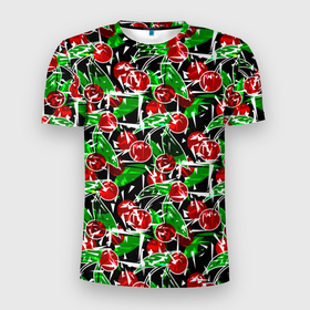 Мужская футболка 3D спортивная с принтом Абстрактный узор спелая вишня в Петрозаводске, 100% полиэстер с улучшенными характеристиками | приталенный силуэт, круглая горловина, широкие плечи, сужается к линии бедра | Тематика изображения на принте: вишня | детский | зеленый | красная вишня | красный | летний узор | лето | ягодный принт | ягоды