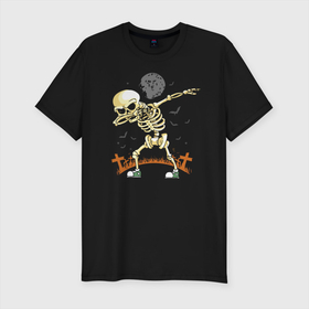 Мужская футболка хлопок Slim с принтом Halloween Dab в Екатеринбурге, 92% хлопок, 8% лайкра | приталенный силуэт, круглый вырез ворота, длина до линии бедра, короткий рукав | Тематика изображения на принте: bat | bones | cross | dab | gesture | halloween | hype | moon | night | skeleton | жест | кости | крест | летучая мышь | луна | ночь | скелет | хайп | хэллоуин
