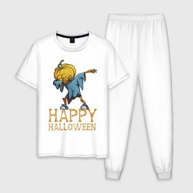 Мужская пижама хлопок с принтом Happy Halloween в Тюмени, 100% хлопок | брюки и футболка прямого кроя, без карманов, на брюках мягкая резинка на поясе и по низу штанин
 | Тематика изображения на принте: dab | eyes | gesture | halloween | holiday | hype | pumpkin | rag | глаза | жест | праздник | рваньё | тыква | хайп | хэллоуин