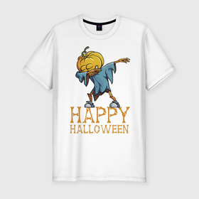 Мужская футболка хлопок Slim с принтом Happy Halloween в Тюмени, 92% хлопок, 8% лайкра | приталенный силуэт, круглый вырез ворота, длина до линии бедра, короткий рукав | dab | eyes | gesture | halloween | holiday | hype | pumpkin | rag | глаза | жест | праздник | рваньё | тыква | хайп | хэллоуин