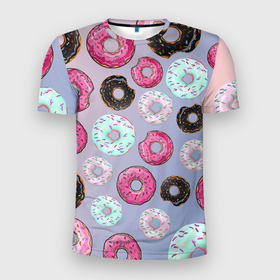 Мужская футболка 3D спортивная с принтом Пончики в Санкт-Петербурге, 100% полиэстер с улучшенными характеристиками | приталенный силуэт, круглая горловина, широкие плечи, сужается к линии бедра | еда | пончик с глазурью | пончики | розовая глазурь | шоколадный пончик