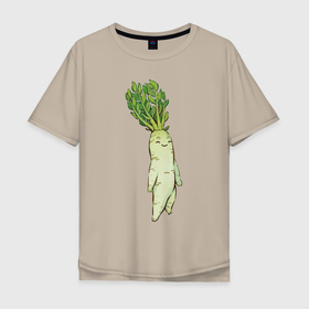 Мужская футболка хлопок Oversize с принтом Милая редька в Курске, 100% хлопок | свободный крой, круглый ворот, “спинка” длиннее передней части | Тематика изображения на принте: арт | зелень | мило | милота | овощ | овощи | редька | рисунок | свежие овощи | свежий овощ | свежий продукт