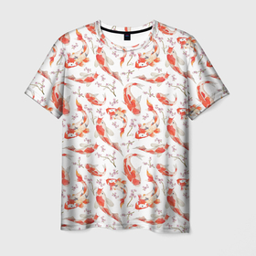 Мужская футболка 3D с принтом Радужные карпы в Курске, 100% полиэфир | прямой крой, круглый вырез горловины, длина до линии бедер | Тематика изображения на принте: восток | карпы | узор | цветы | япония