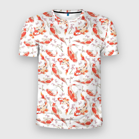 Мужская футболка 3D спортивная с принтом Радужные карпы в Тюмени, 100% полиэстер с улучшенными характеристиками | приталенный силуэт, круглая горловина, широкие плечи, сужается к линии бедра | восток | карпы | узор | цветы | япония