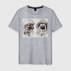 Мужская футболка хлопок с принтом Собаки - космонавты в Екатеринбурге, 100% хлопок | прямой крой, круглый вырез горловины, длина до линии бедер, слегка спущенное плечо. | в тренде. | космос | собаки | собаки на белом фоне | ссср