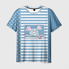 Мужская футболка 3D с принтом Веселая Мышь в Тюмени, 100% полиэфир | прямой крой, круглый вырез горловины, длина до линии бедер | в горошек | веселый | детский | забавный | комбинированный | крыса | лоскуты | мышь | полосатый узор | полосы | синий