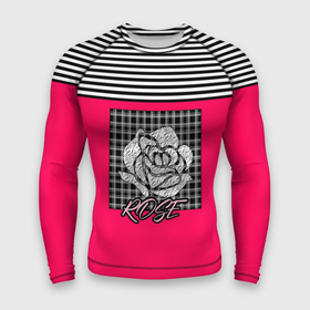 Мужской рашгард 3D с принтом Аппликация роза на клетчатом в Курске,  |  | аппликация | детский | комбинированный | полосатый | пэчворк | роза | розовый | цветочный узор | черный и малиновый | яркий малиновый