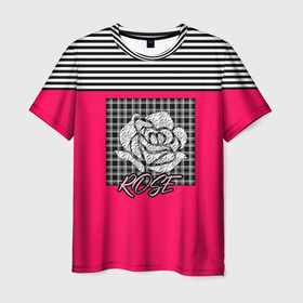 Мужская футболка 3D с принтом Аппликация роза на клетчатом в Петрозаводске, 100% полиэфир | прямой крой, круглый вырез горловины, длина до линии бедер | аппликация | детский | комбинированный | полосатый | пэчворк | роза | розовый | цветочный узор | черный и малиновый | яркий малиновый