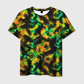 Мужская футболка 3D с принтом Абстрактный желто-зеленый узор , 100% полиэфир | прямой крой, круглый вырез горловины, длина до линии бедер | абстрактный | желтый | зеленый | камуфляж | мужской | популярный | размытый узор | современный | черный