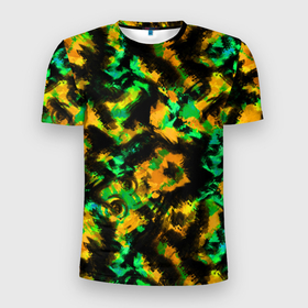 Мужская футболка 3D спортивная с принтом Абстрактный желто-зеленый узор в Тюмени, 100% полиэстер с улучшенными характеристиками | приталенный силуэт, круглая горловина, широкие плечи, сужается к линии бедра | абстрактный | желтый | зеленый | камуфляж | мужской | популярный | размытый узор | современный | черный